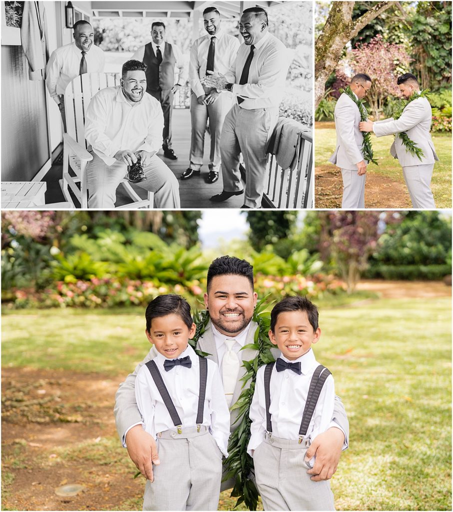 groom and groomsmen getting ready and laughing at sunset ranch oahu