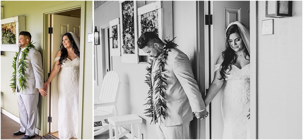 an oahu bride and groom pray together before their emotional wedding ceremony