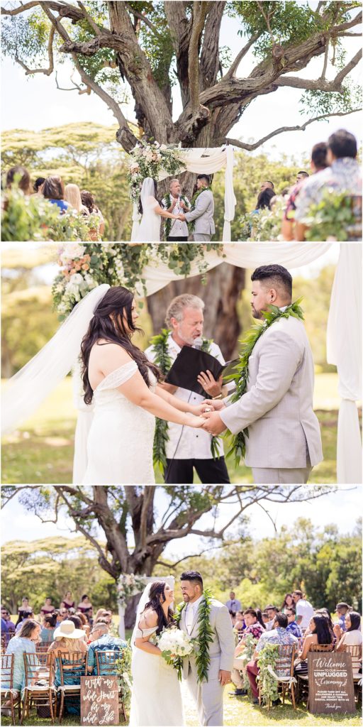 a bride and groom say their vows at sunset ranch on oahu