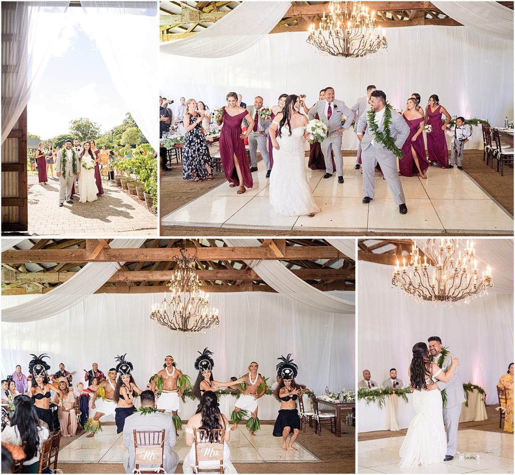 a bride and groom enter their reception and watch a hula show on oahu