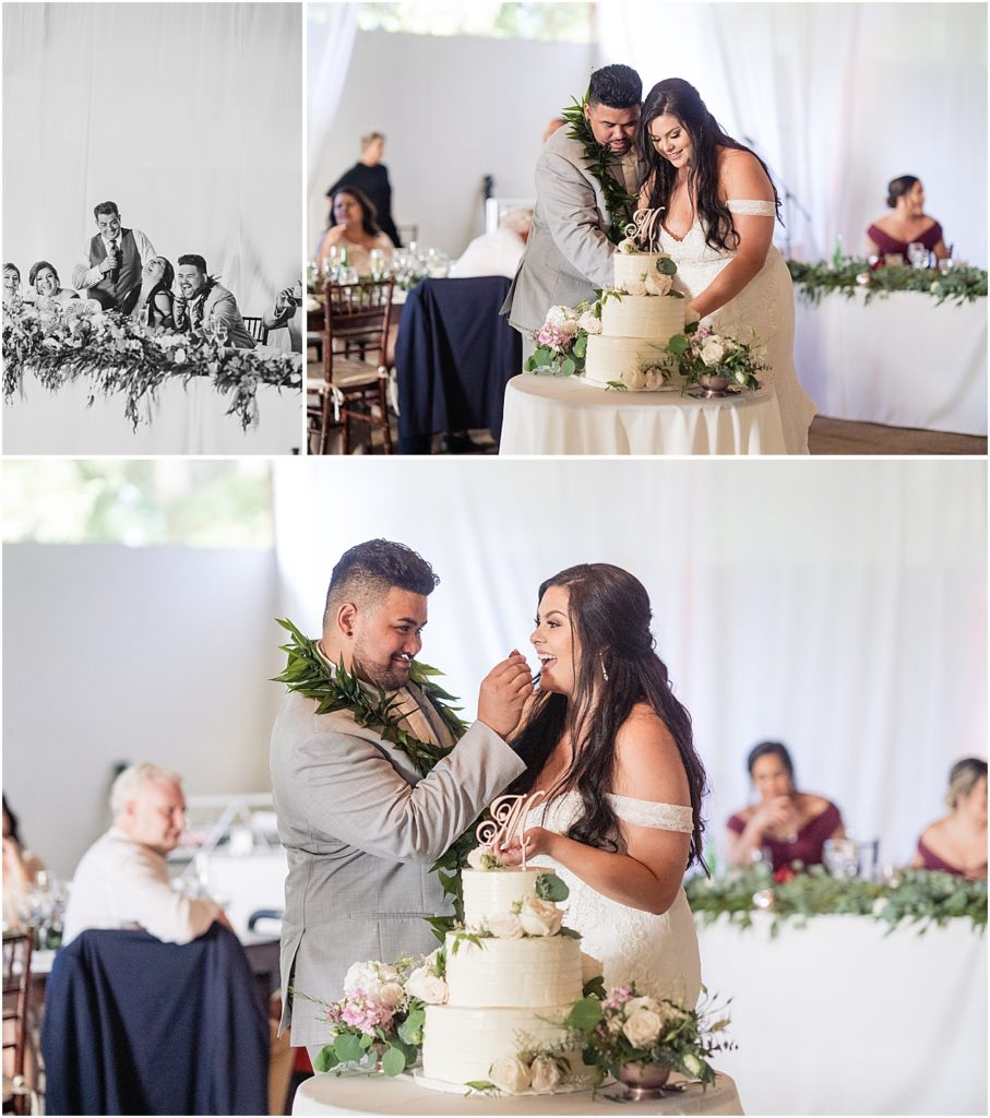 A bride and groom cut their cake inside a barn during their wedding reception on Oahu
