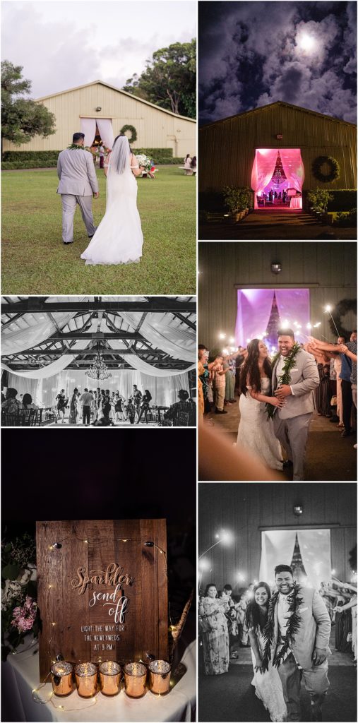 Wedding reception inside a barn and a fun sparkler exit at sunset ranch on Oahu