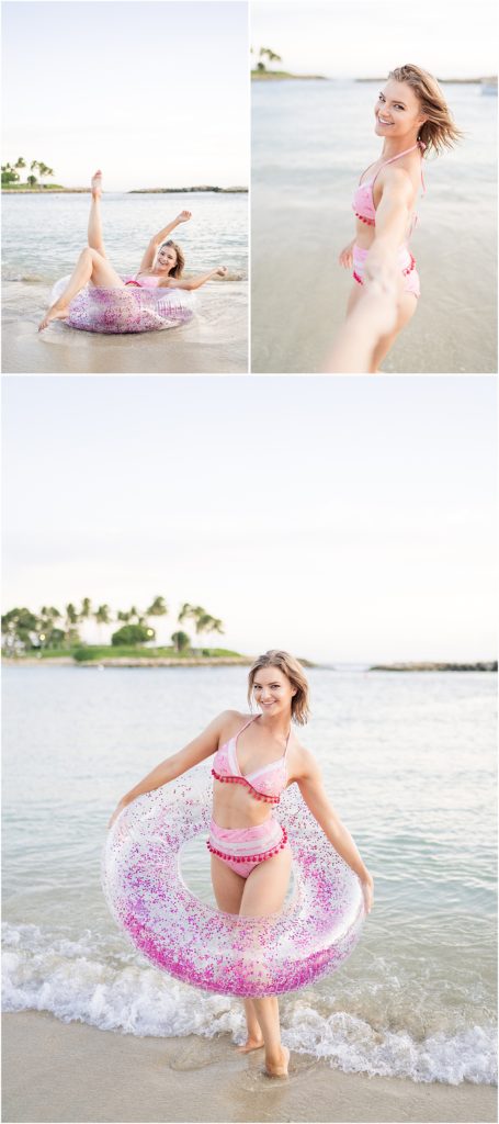 pink glitter inner tube photoshoot in hawaii 