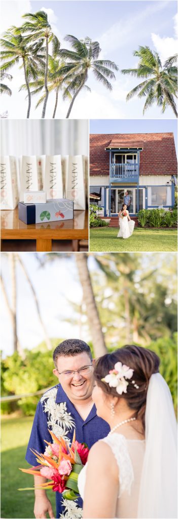 Private Estate wedding day on Oahu, bride and groom first look