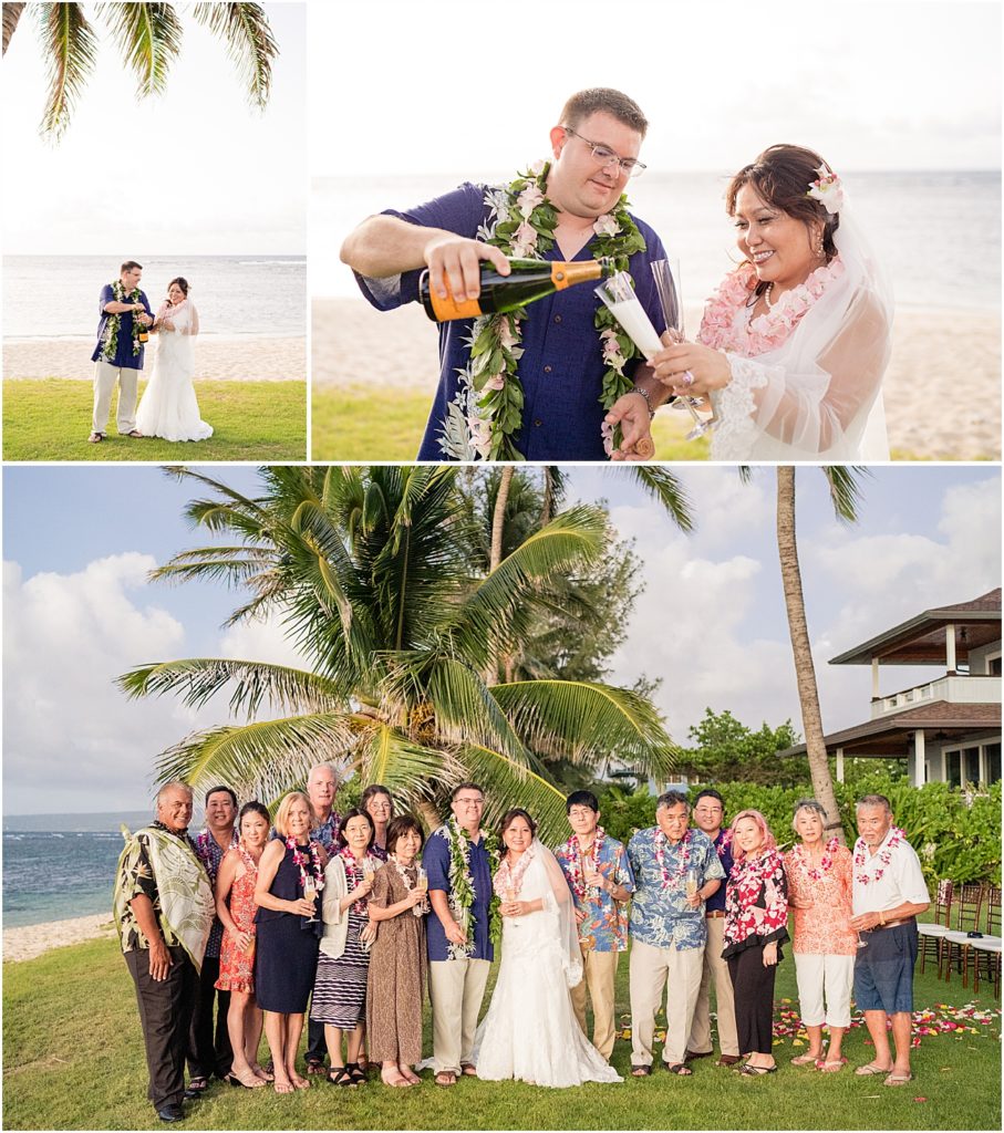 A bride and groom pop champagne at their intimate Oahu wedding
