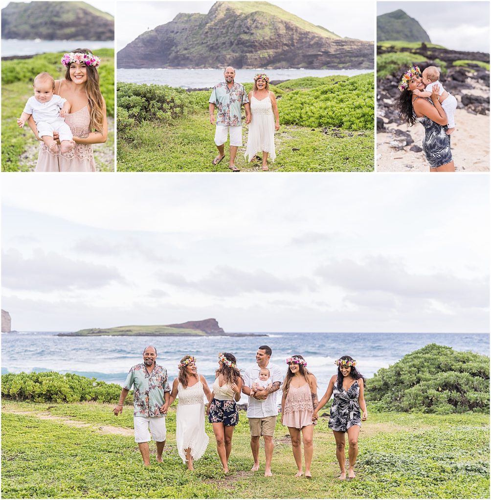 Colorful family session on Oahu wearing leis and flower crowns