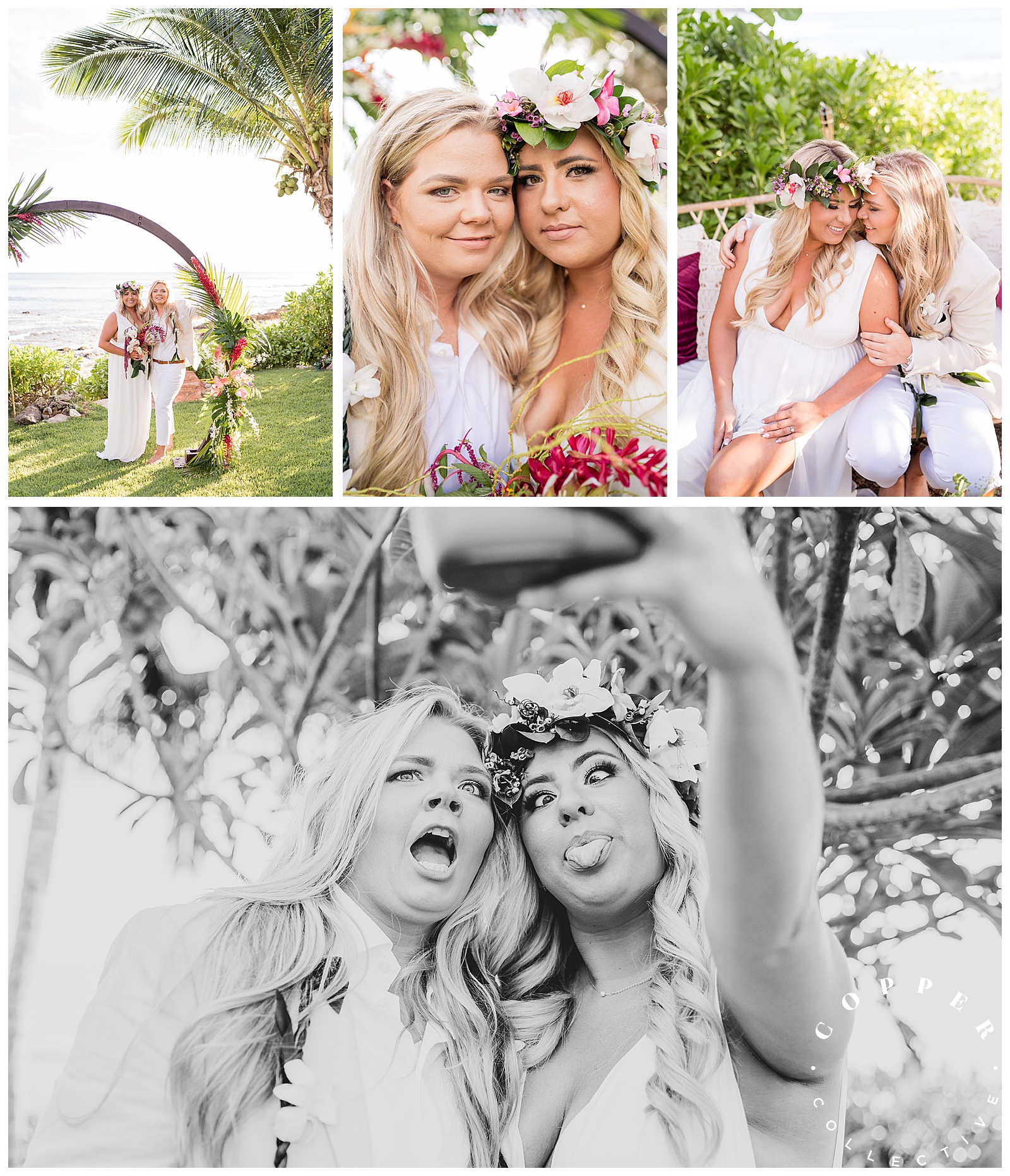 Lesbian Bride and Bride Taking Selfies at Oahu Wedding