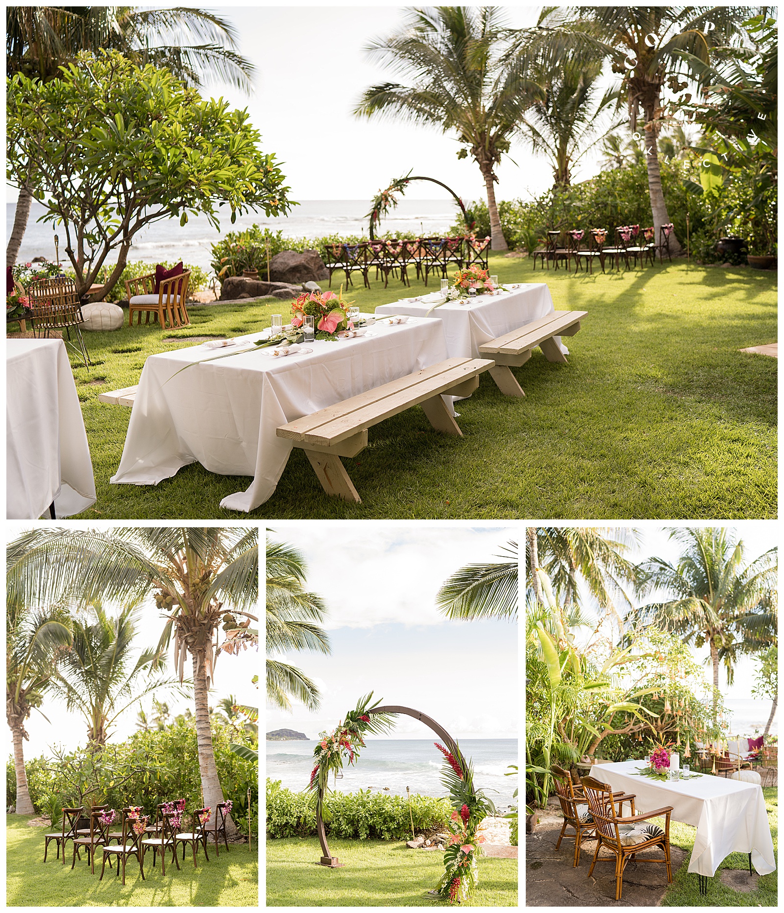 Oahu Private Estate wedding ceremony and reception florals