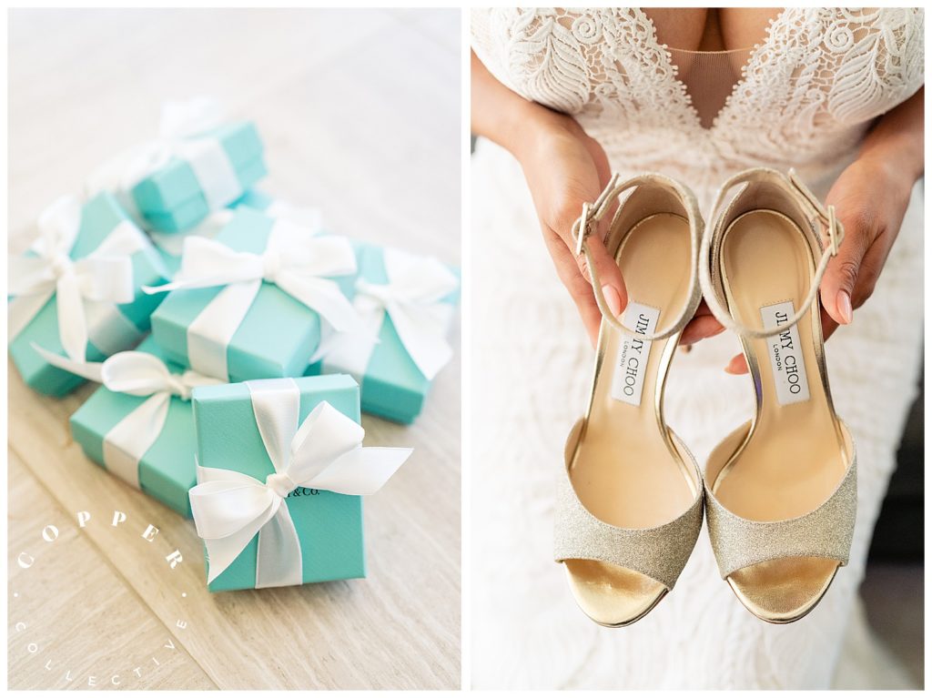 Bride holding her shoes and Tiffany's jewelry box
