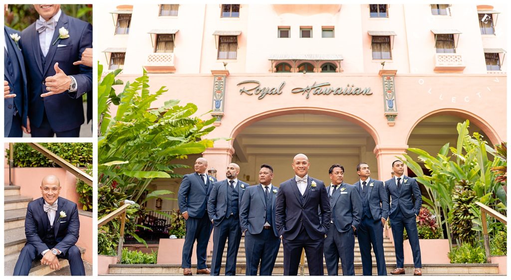 A groom and his groomsmen at the Royal Hawaiian Hotel Waikiki
