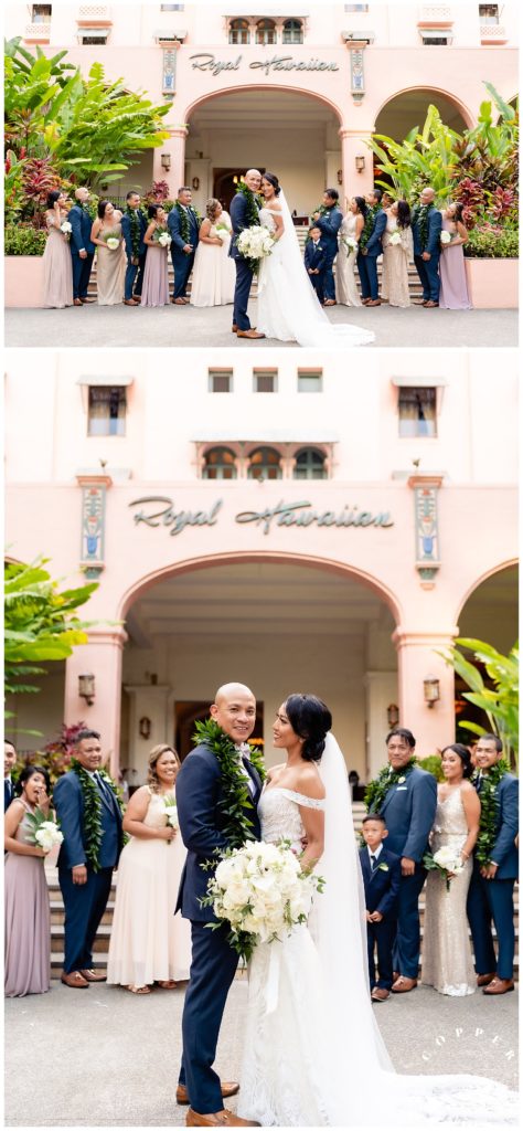 Wedding party in front of the Royal Hawaiian Hotel Sign
