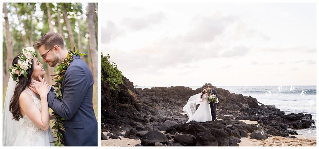 a bride and groom cuddling on their wedding day on Oahu