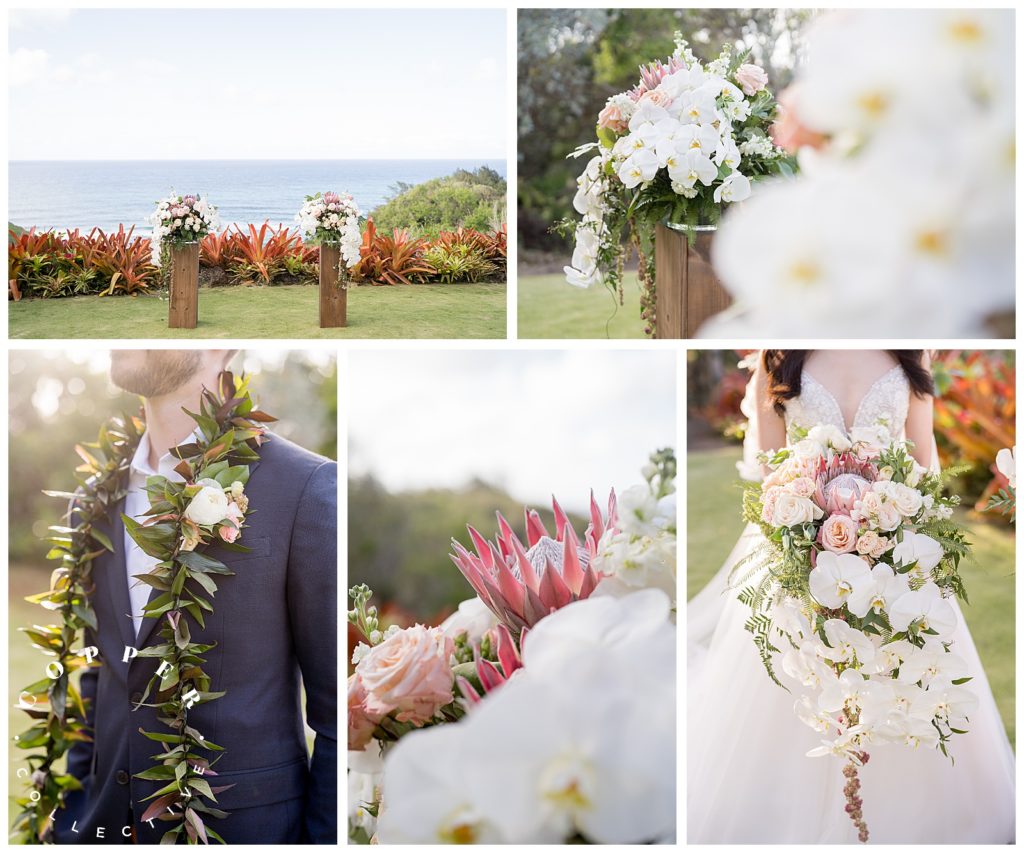 pink, white, and green wedding day florals at an Oahu destination wedding 