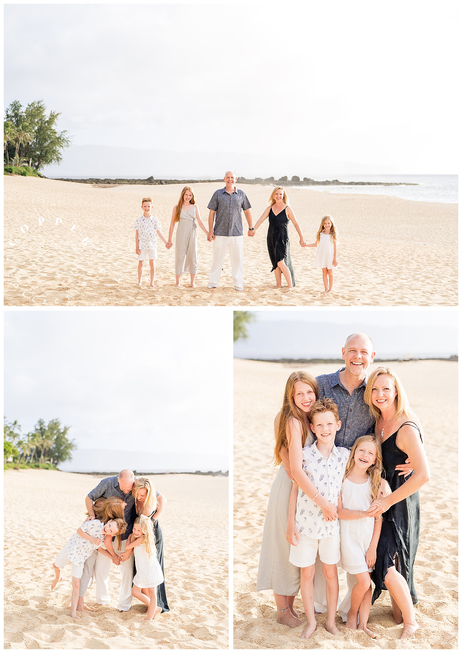 Family of five hugging on the beach on Oahu Hawaii