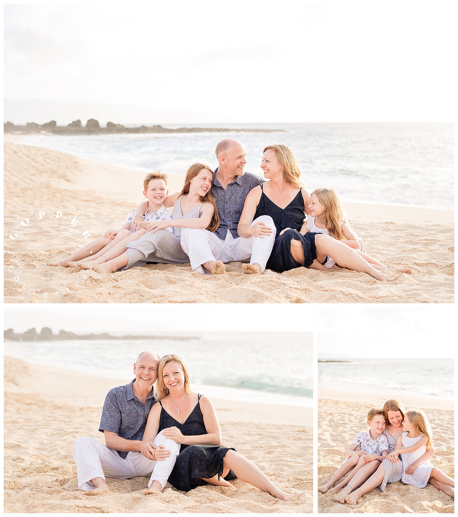 Big family cuddling on the beach in Hawaii