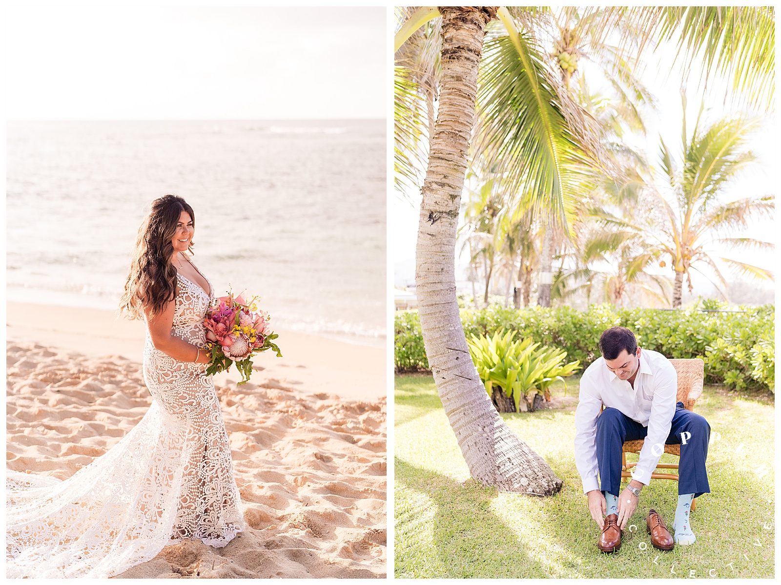 A bride and groom getting ready for their wedding on Oahu's North Shore