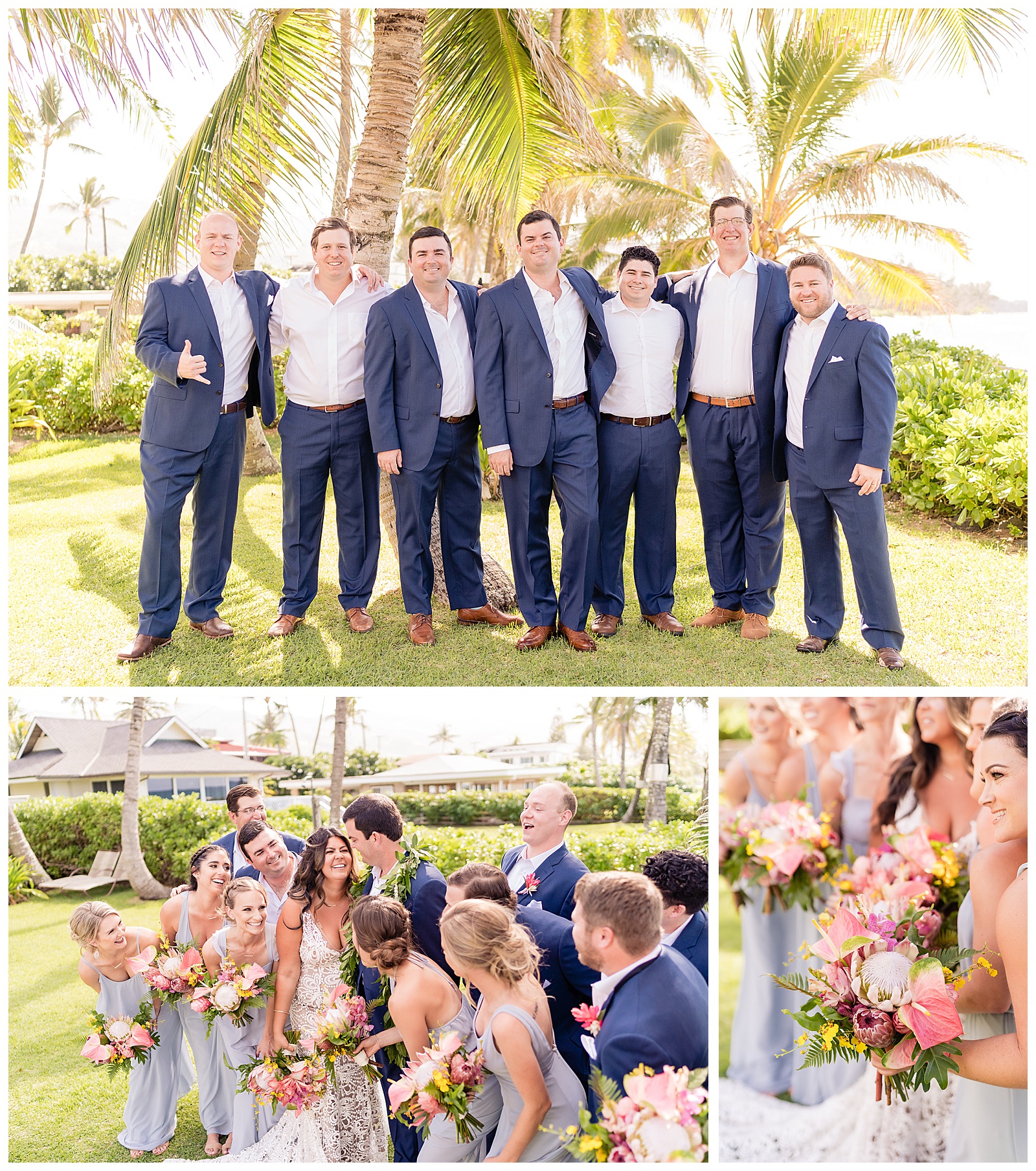 Wedding party laughing together Oahu wedding day