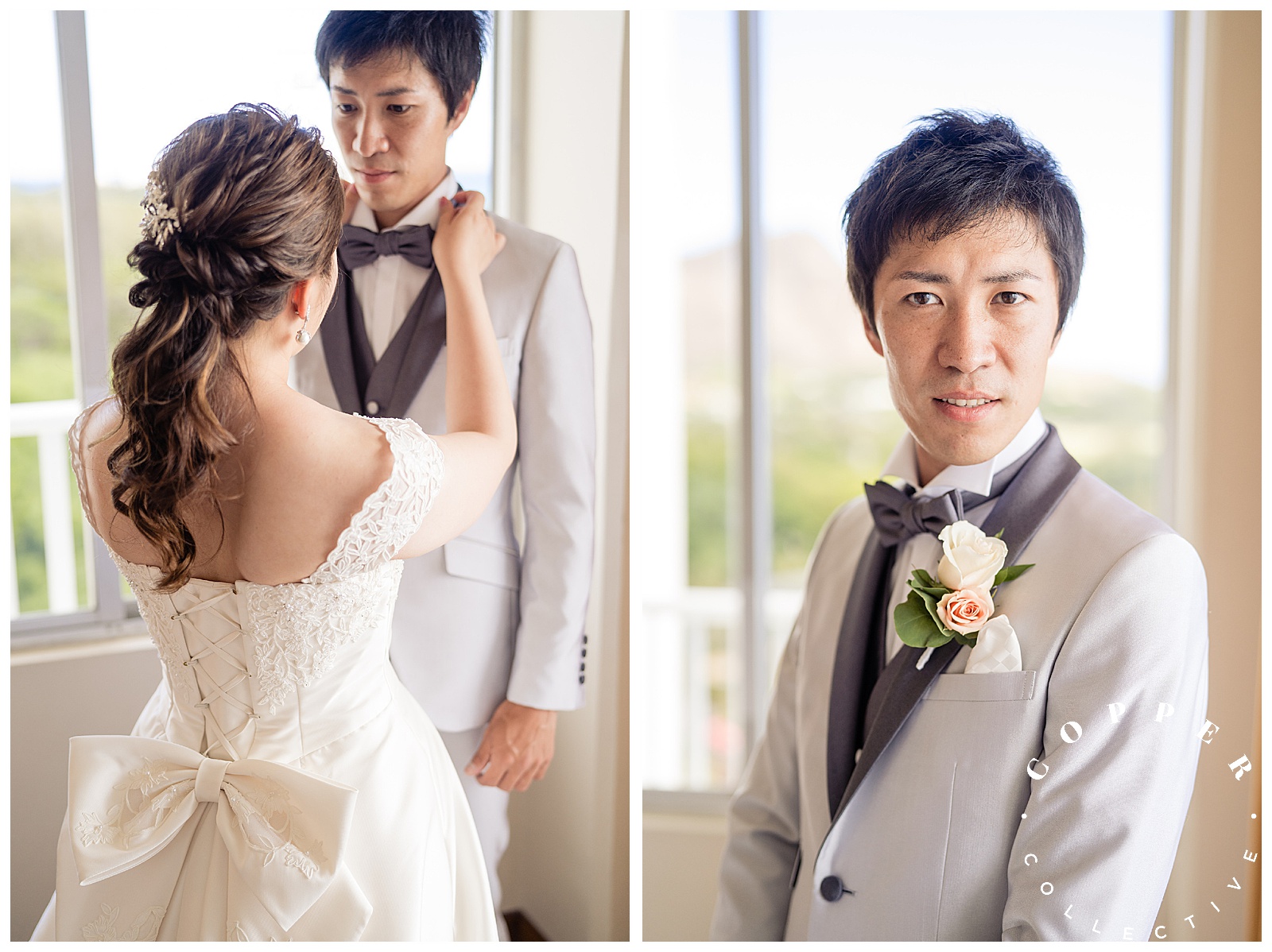 Japanese couple getting ready for wedding at Waikiki hotel