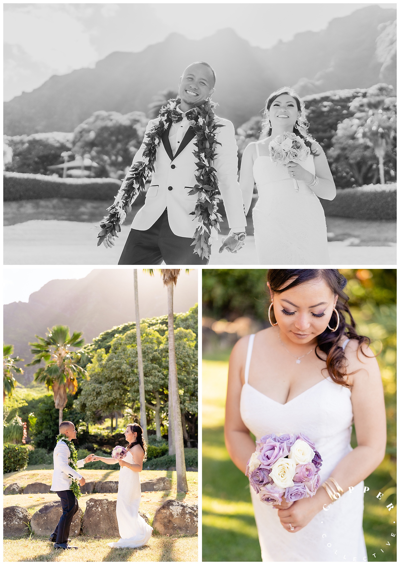 A bride and groom celebrate their wedding ceremony at Kualoa Ranch